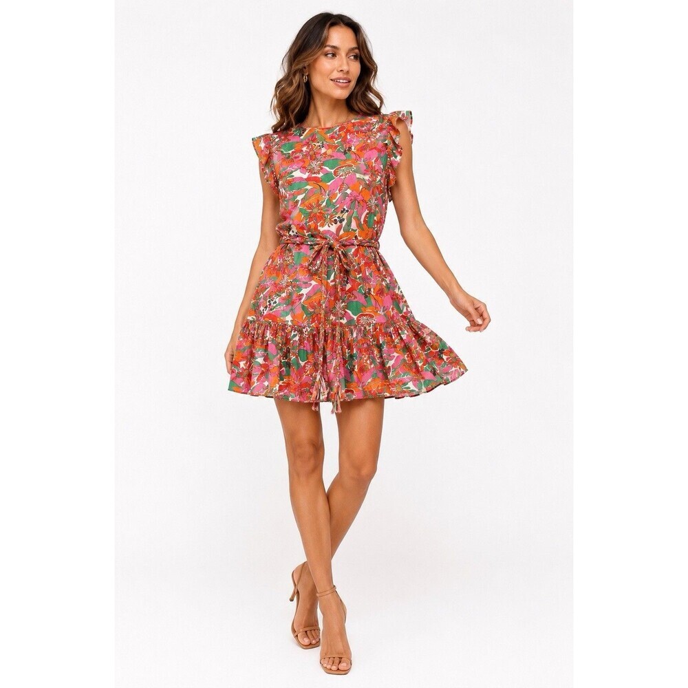 Marine Layer Laney Mini Dress Tropical Floral Print Belted Ruffle Hem Size L